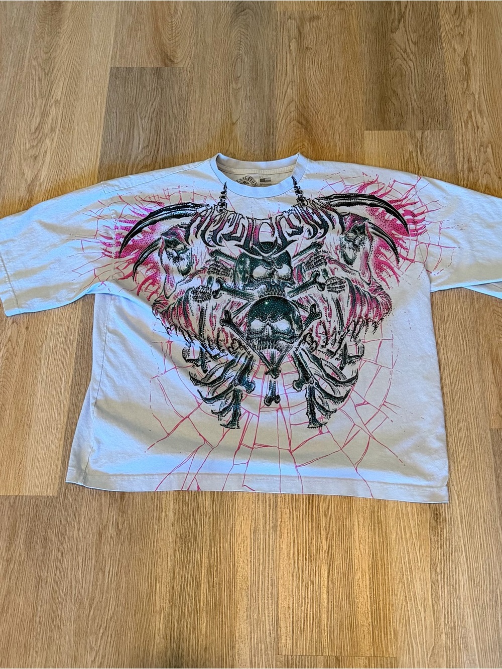 Affliction Y2K Rhinestone Graphic T-Shirt Blue Pink Black Oversized